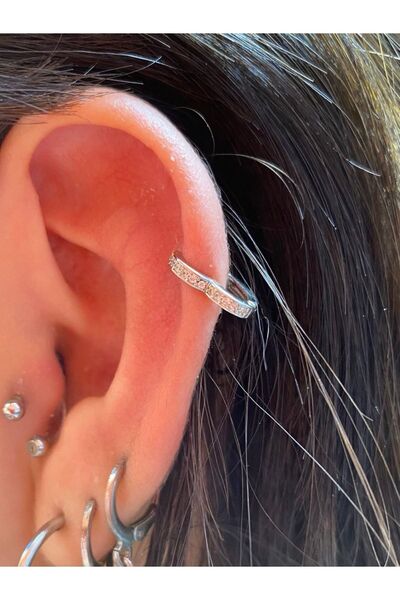 Arescollection Cerrahi Çelik Gümüş Renk Taşlı Kalp Halka Kıkırdak Piercingi