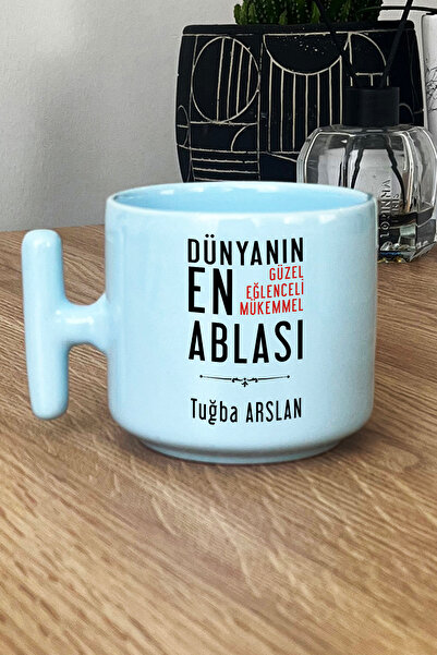 Hedizu Kişiye Özel Abla Pastel T Kulplu Kupa Bardak Mavi Ablaya Doğum Günü Hediyesi