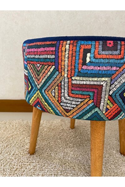 BHM Etnik Desenli Ahşap Ayaklı Dekoratif Lacivert Puf Bench