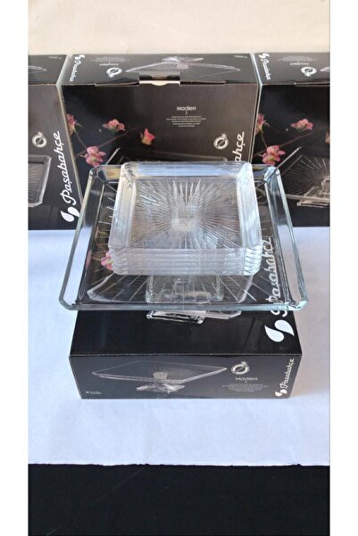 Paşabahçe 950007 68307 Madlen Square Footed Serving Plate and 6 Square Dessert Plates