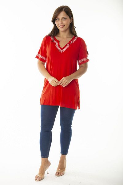 Şans Women's Large Size Red Collar and Sleeves Embroidery Detailed Off-the-Shoulder Blouse 65N36923