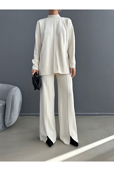 Lusin Set tricotaje pentru femei cu guler înalt și pantaloni, partea de jos și partea superioară - Crem 1070