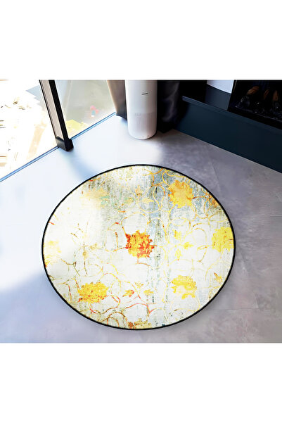 Rugs Modern Halı Yellow Gray Theme Floral Motif Patterned Round Woven Base Vi...