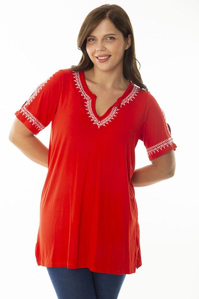 Şans Women's Large Size Red Collar and Sleeves Embroidery Detailed Off-the-Shoulder Blouse 65N36923
