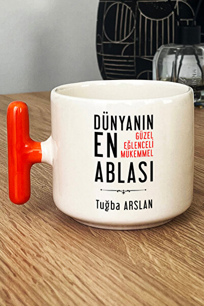 Hedizu Kişiye Özel Abla Kupa Bardak T Kulplu Turuncu Ablaya Doğum Günü Hediyesi