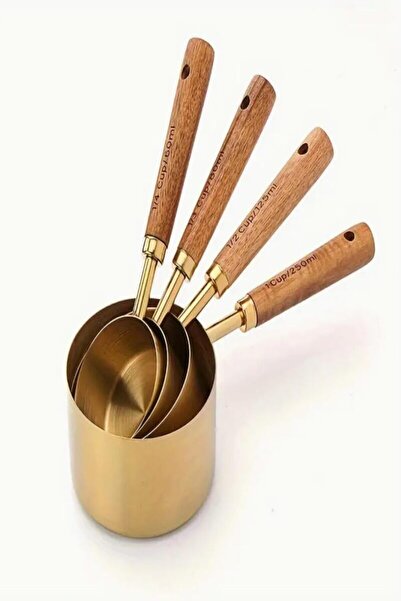 VANCKEY Gold Ölçü Kaşığı Seti 4lü Ahşap Saplı Ölçü Kabı 250ml-125ml-80ml-60ml