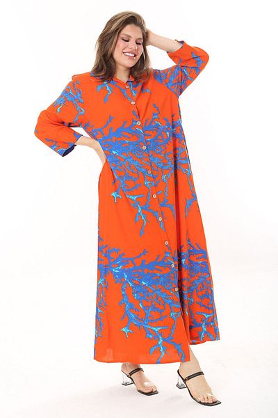 Şans Women's Colorful Front Length Buttoned Shirt Collar Long Dress 65N37875