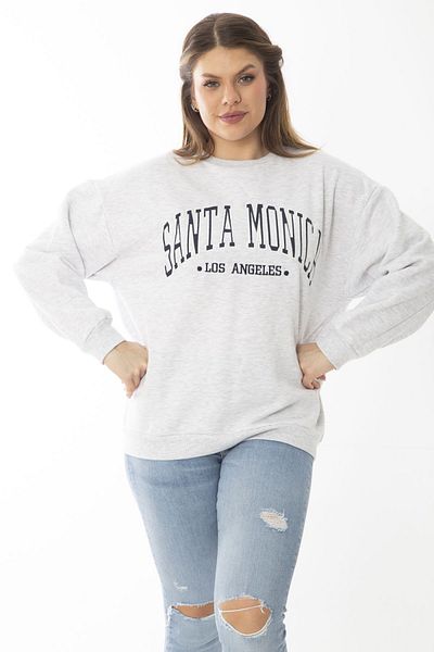 Şans Women's Large Size Gray Swatshirt with Raised Embroidery Print Detail 65N37010