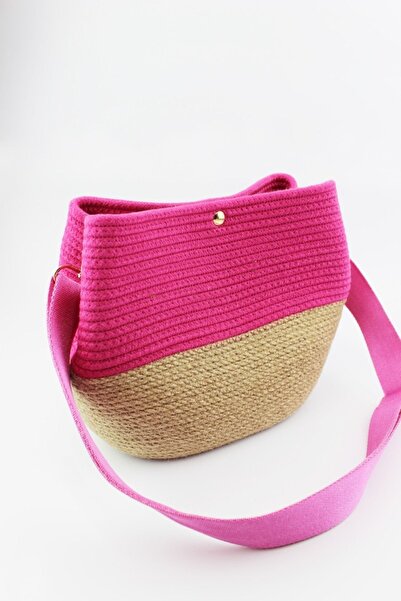 İLKYAZ Жіноча сумка через плече з застібкою-кнопкою, фуксія, плетена, 26x21x11 см