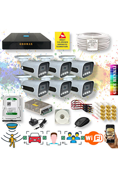 qromax 6 Kameralı Set - Yapay Zeka Özellikli Gece Renkli Gösteren Fullhd Güvenlik Kamerası Seti 784w