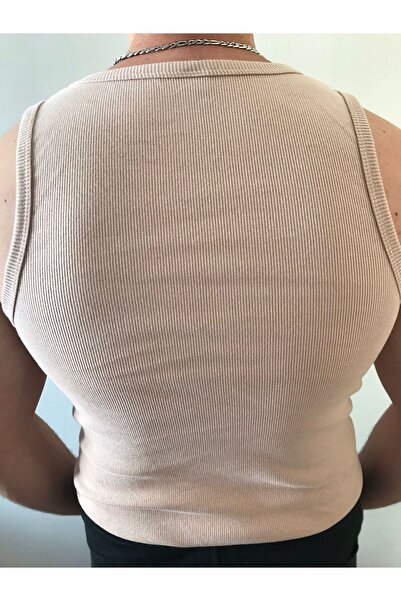 DUNGA Erkek Bej Fitilli Atlet - Likralı Pamuk Kaşkorse Halter Yaka Tank Top Atlet