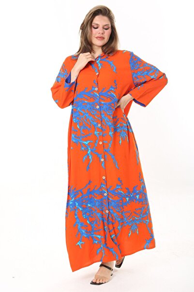 Şans Women's Colorful Front Length Buttoned Shirt Collar Long Dress 65N37875