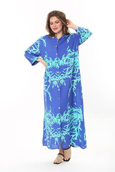 Şans Női nagyméretű Saxe elöl hossza gombos ing galléros hosszú ruha 65N37875