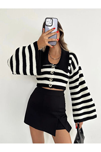 Samin Kadın Geniş Yakalı Çizgili Ajurlu Hırka