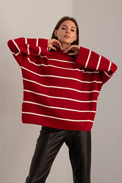 Samin Women's Oversize Striped Half Turtleneck Knitwear Sweater, Striped Sweater