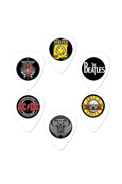 cantekin Gitar Pena 6 Adet Nirvana Bon Jovi AC/DC Linkin Park Guns N Roses The Beatles Çift Taraflı Baskılı