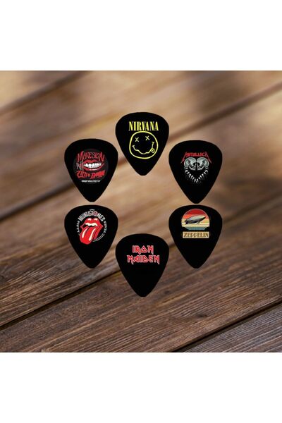 cantekin Gitar Pena 6 Adet Nirvana Metallica IronMaiden RollingStones Måneskin Zeppelin Çift Taraflı Baskılı
