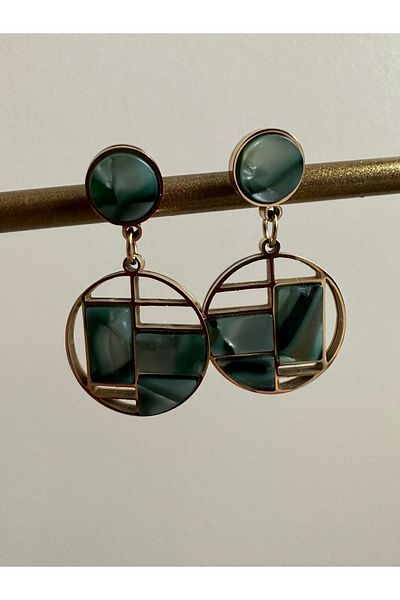 ringbox Geometric Green Stone Detailed Steel Non-Tarnish Earrings