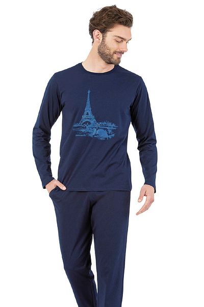 Pierre Cardin 6064 Ανδρικές πιτζάμες με μακρυμάνικη στρογγυλή λαιμόκοψη σε μπλε ναυτικό