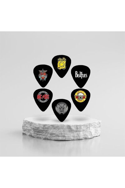 cantekin Gitar Pena 6 Adet Nirvana Bon Jovi AC/DC Linkin Park Guns N Roses The Beatles Çift Taraflı Baskılı