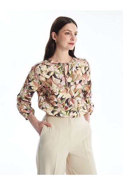 LC Waikiki Tie-up Collar Floral Long Sleeve Oversize Women's Blouse