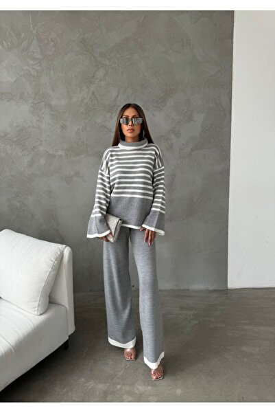 FRİYA طقم بنطال وسترة نسائي مخطط كبير الحجم