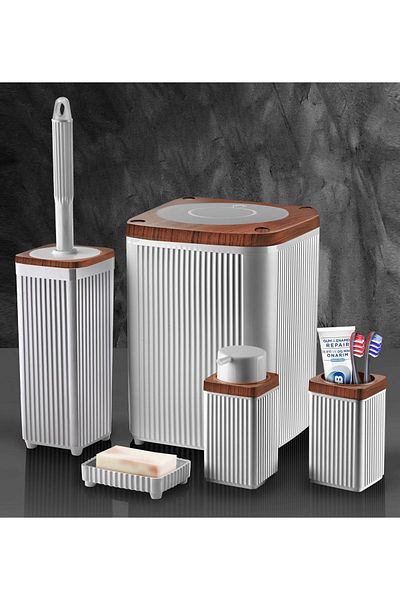 Panoramas Home Square Black Color Wooden Detail 5 Piece Luxury Bathroom Set