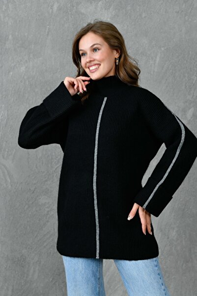 bayansepeti Turtleneck Oversize Black Knitwear Sweater - Stripe Detailed 4119