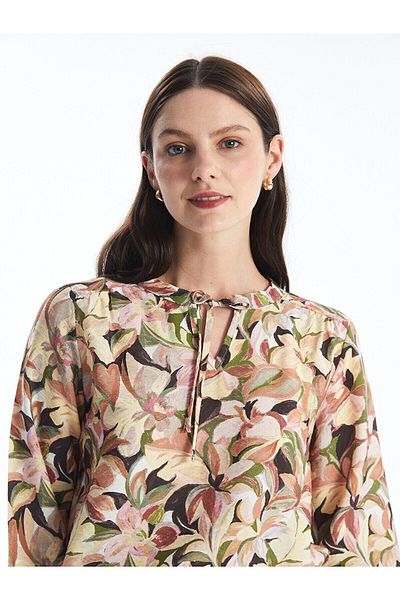 LC Waikiki Tie-up Collar Floral Long Sleeve Oversize Women's Blouse