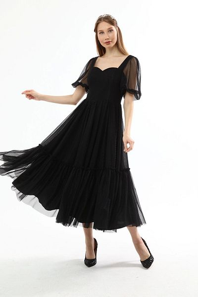 Asees Women's Evening Dress and Graduation Sweetheart Neckline Stylish and Elegant Custom Production Square Dotted Tulle Evening Dress