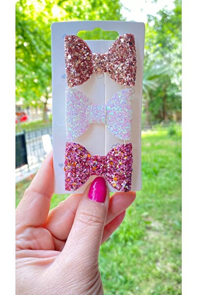 Toka Perisi Pembe Pudra Glittery Payet Fiyonk Klipsli Toka 3’lü set