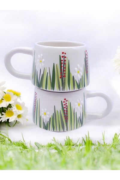 sharp&art Patterned Hand Embroidered Large Size Set of 2 with Cups - Tea and Coffee Colors, For 6 Different Leaks