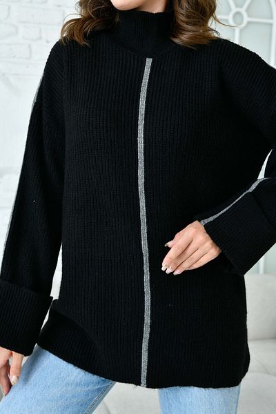 WOMAN VISION Pulover negru din tricotaje - Gât țesut, mânecă lungă, croială supradimensionată 4119
