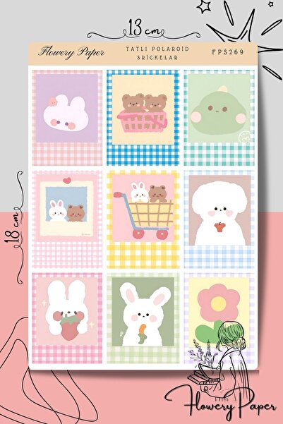 Flowery Paper Tatlı Polaroid Sticker Sayfası - Defter ,ajanda , Journal, Scra...