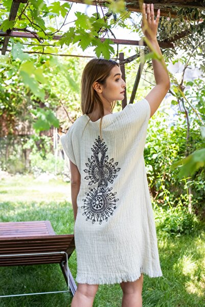 NAURA Concept Müslin Peştemal Bornoz Nakışlı Kimono Kaftan Elbise %100 Pamuk Plaj Elbisesi