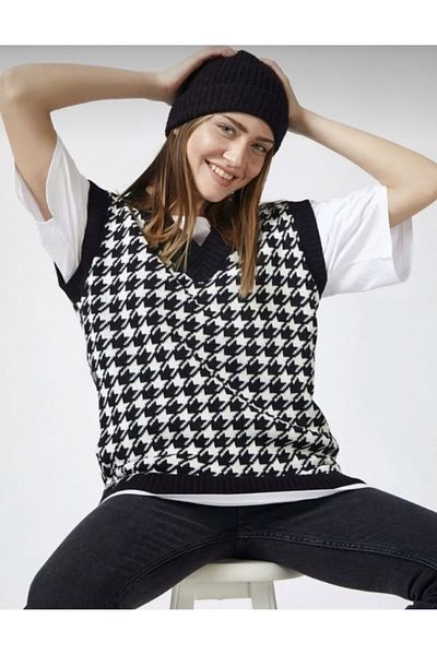 Big Line Women's Houndstooth Houndstooth Oversize V-Neck Knitwear Sweater