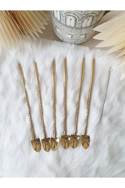 LOVYCO Gold 6-Piece Twisted Latte Spoon with Straws 22 Cm