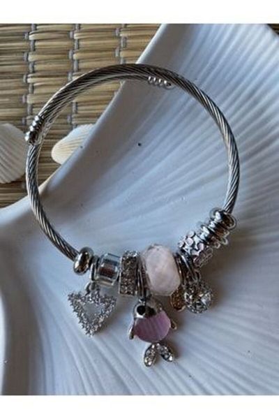 NOVAFACE Classic Steel Bracelet with Pink Fish Charm