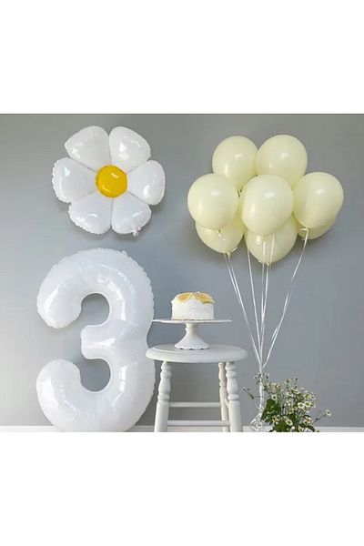 Partifabrik 3 Years Old Daisy Themed Balloon Party Set - Macaron Yellow Balloon, Number, Daisy, Raffia
