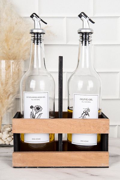 DNS HOME 2-Piece Glass Oil Pot with Wooden Stand Olive Oil Sunflower Oil Bottle Oil Pot Set 750 ml