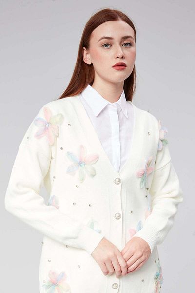 Hatun Atila Hatunatila Tulle Flower and Pearl Detailed Cardigan Double Set - 3046