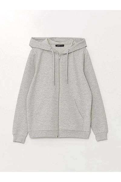 LC Waikiki Γυναικείο φούτερ με φερμουάρ LCWAIKIKI Basic Grey Melange με κουκούλα μακρυμάνικο