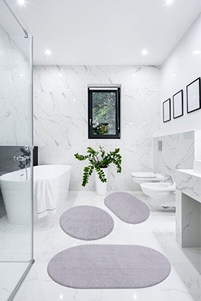 BESELY 3'lü Banyo Halısı Paspası Oval Peluş Klozet Takımı-açık Gri 60x90(ELİP...