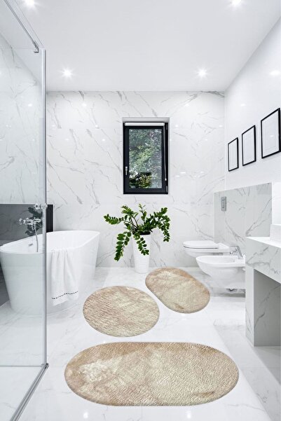 BESELY 3'lü Banyo Halısı Paspası Oval Peluş Klozet Takımı-bej 60x90(ELİPS)-50...