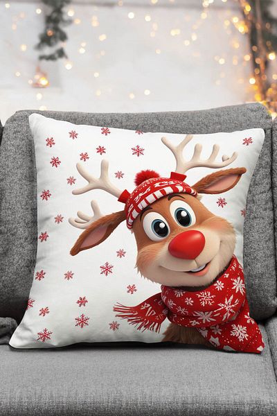 Royalte New Year's Themed - Red and White 4-Piece Luxury Velvet Throw Pillow Set with Snowflake and Deer Pattern