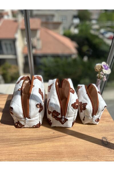 minyaturhayalim Ayıcıklı Üçlü Makyaj Çantası Organizer Set Seyahat Çantası Va...