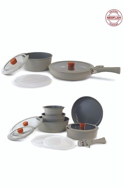 NEOFLAM Midas Gray 17-Piece Interlocking Induction Pot and Pan Set with Detachable Handle