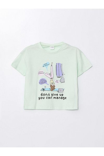 LC Waikiki LCW Kids - Set de pijamale pentru fete, verde pastel, imprimeu cu decolteu