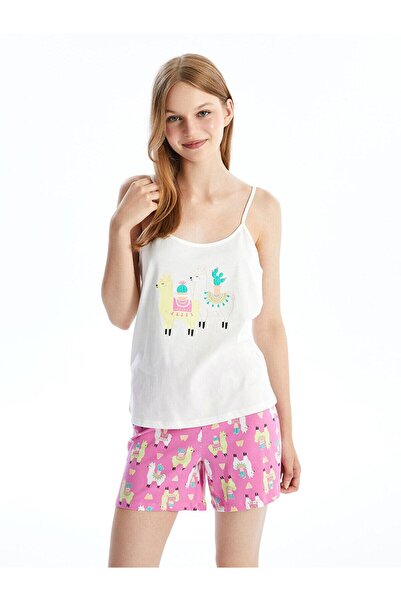 LC Waikiki LCW DREAM Pembe Baskılı U Yaka Baskılı Askılı Kadın Şortlu Pijama Takımı