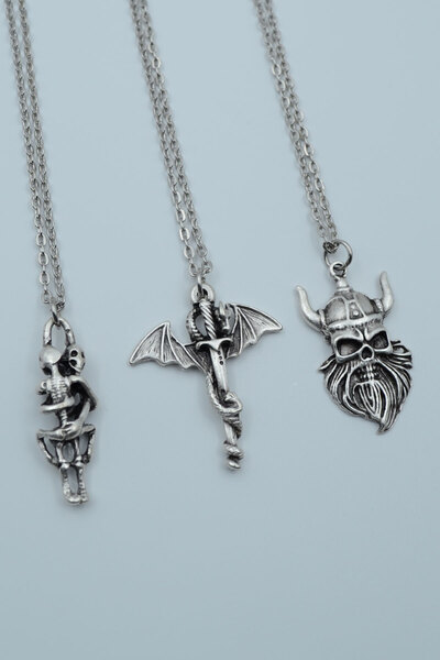Genel Markalar 3'lü Sarılan Iskelet Ejderha Kılıç Viking Savaşçı Kolye Seti K...